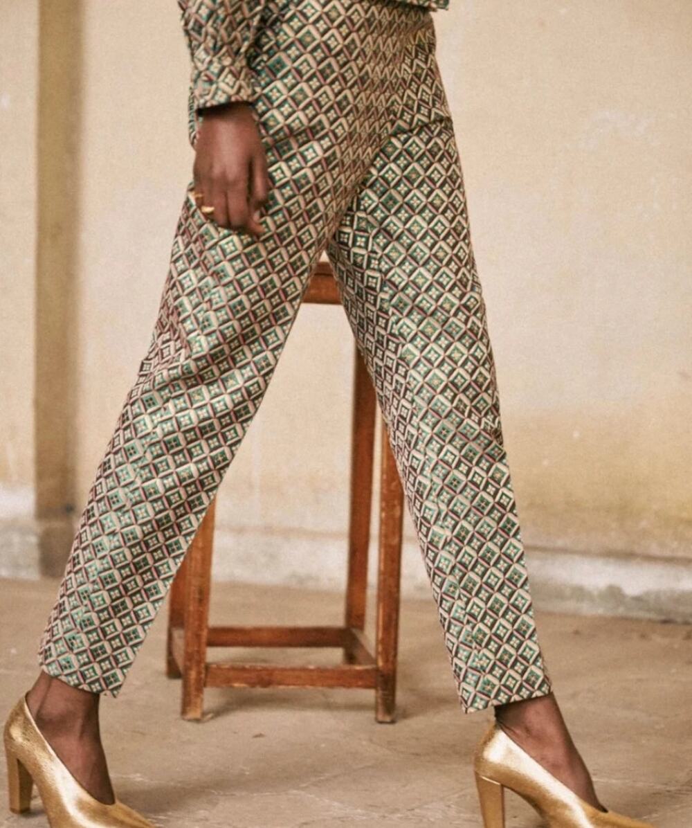 Sezane Georges Floral Jacquard Gold Green Trousers Pants Size 38/US 6
